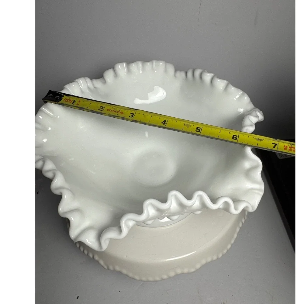 Vintage White Milk Glass Ruffled Pedestal Bowl / Compote – Hobnail Detail